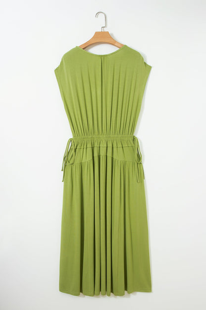 Solid V-Neck Cap Sleeve Elastic Waist Dress