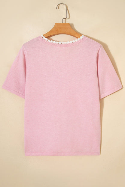 Lacy V-Neckline Short Sleeve Sweater