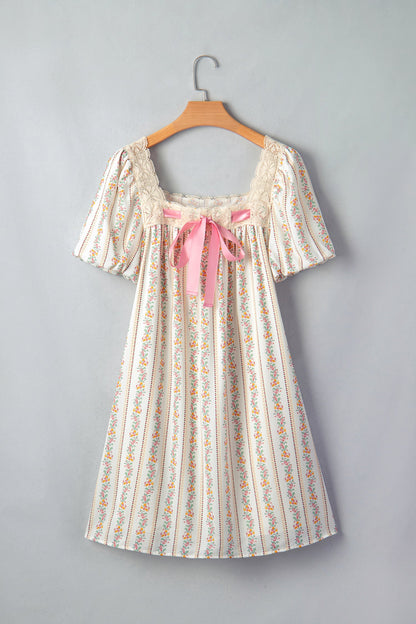 Floral Contrast Ribbon Bow Lace Square Mini Dress