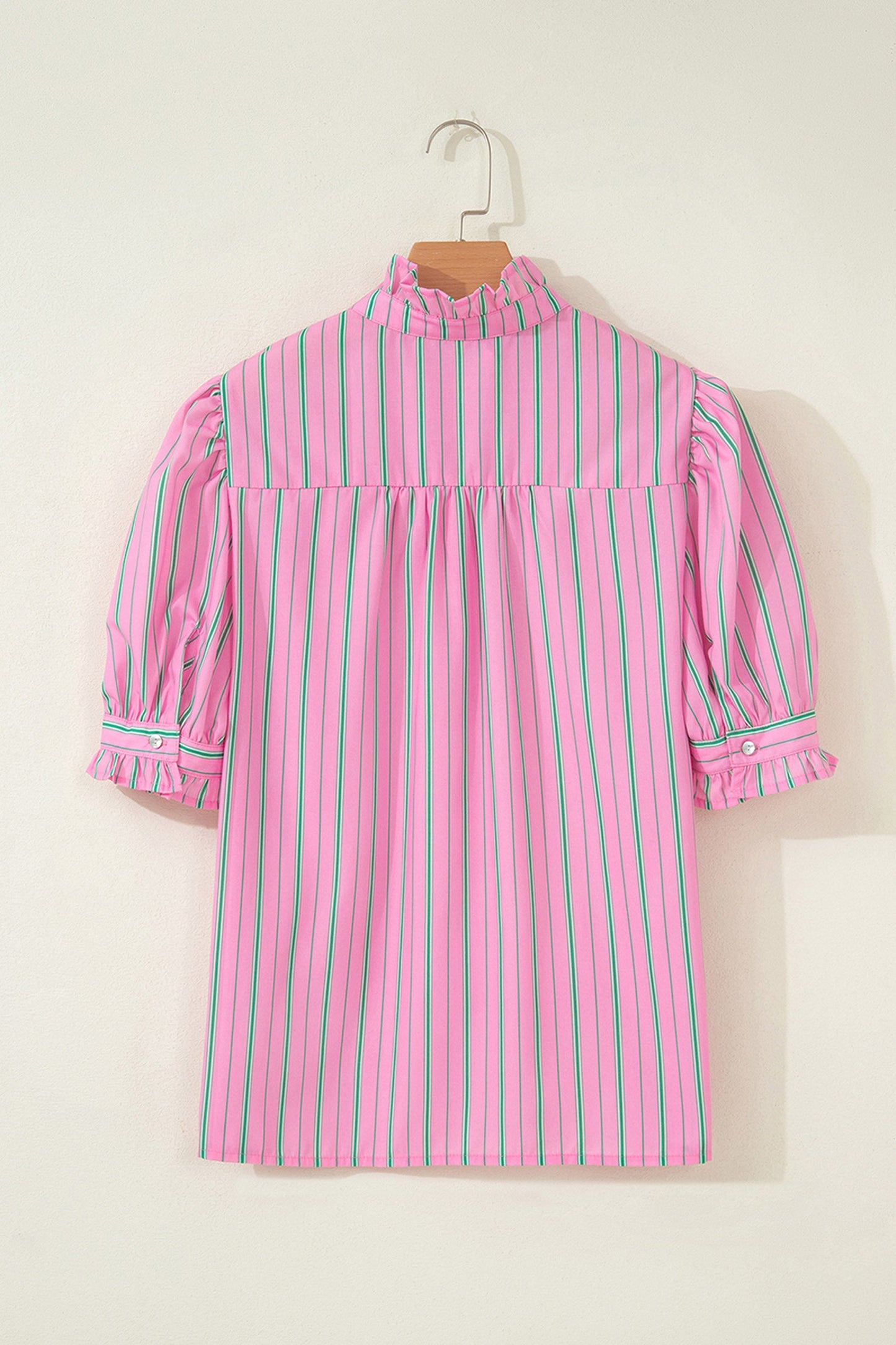 Stripe Ruffle Trim Half Button Puff Sleeve Blouse