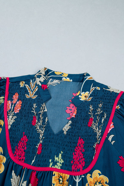 Floral Smocked 3/4 Puff Sleeve Midi Dress