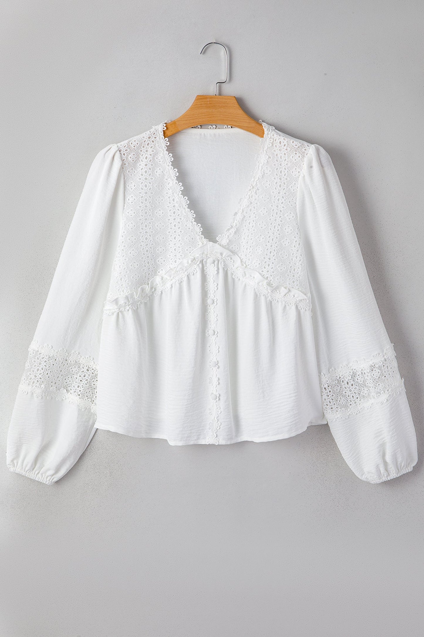 Solid Floral Guipure Lace Frilled Long Sleeve Blouse