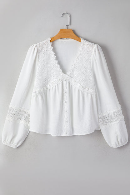 Solid Floral Guipure Lace Frilled Long Sleeve Blouse