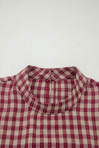 Plaid Button Keyhole Pleated Long Sleeve Blouse