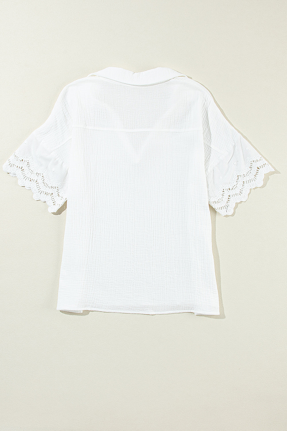 Embroidered Eyelet Crinkled Gauze Collared V-Neck Blouse