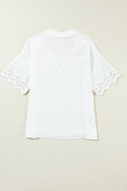 Embroidered Eyelet Crinkled Gauze Collared V-Neck Blouse