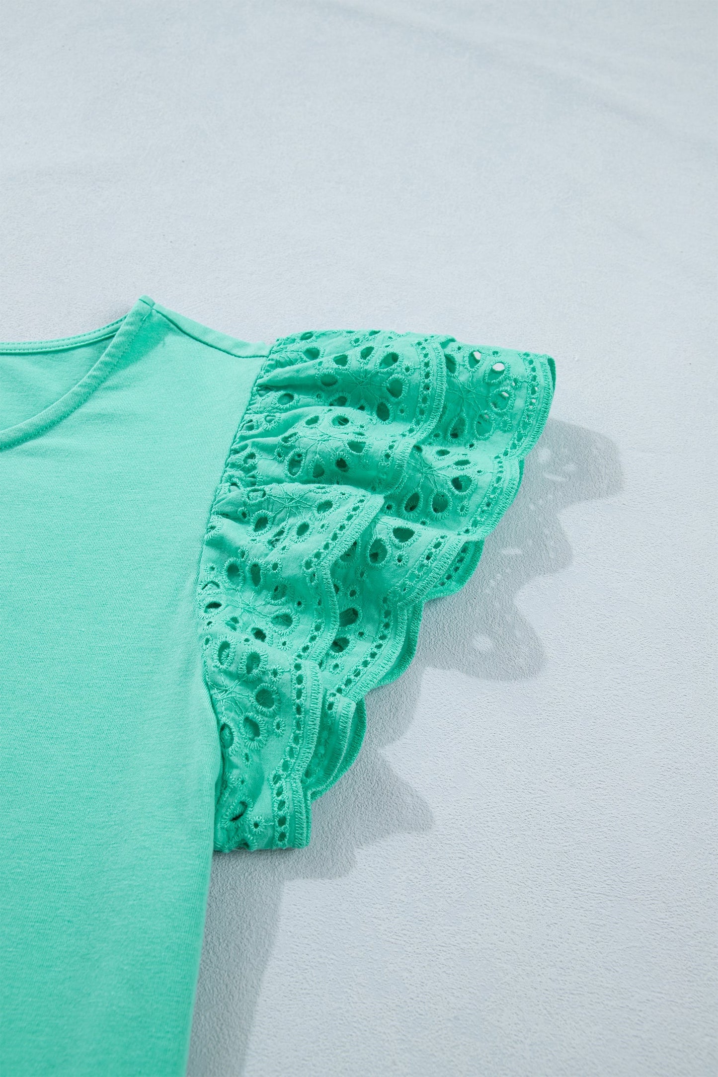 Solid Eyelet Lace Ruffle Cap Sleeve Top