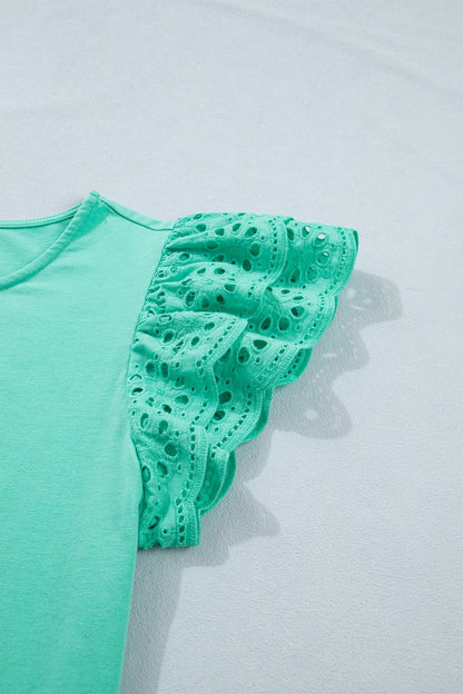 Solid Eyelet Lace Ruffle Cap Sleeve Top
