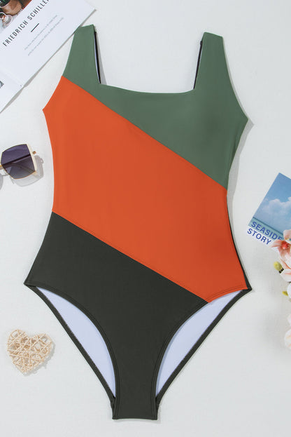 Colorblock Padded Square Neck One Piece Swimsuit