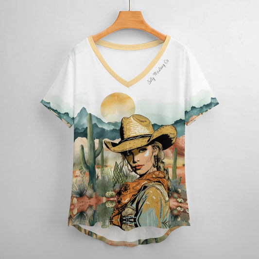 Limpia Creek Cowgirl V-Neck Loose Short Sleeve T-Shirt