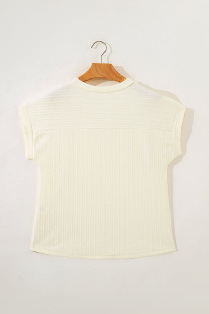 Cable Knit Textured V-Neck Short Sleeve T-Shirt