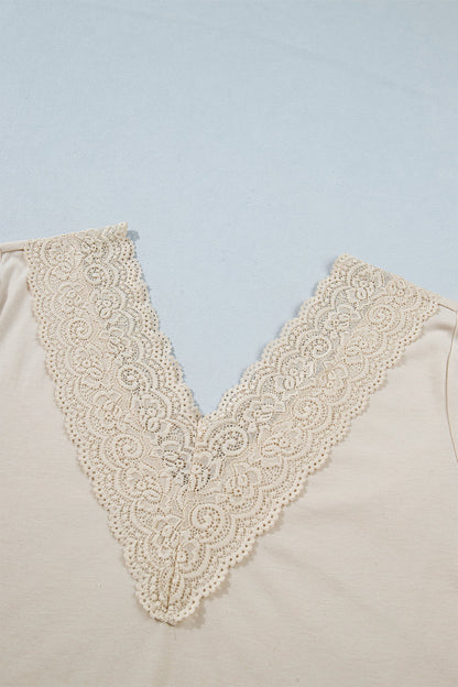 Lace Trim V-Neck Patchwork Long Sleeve Top