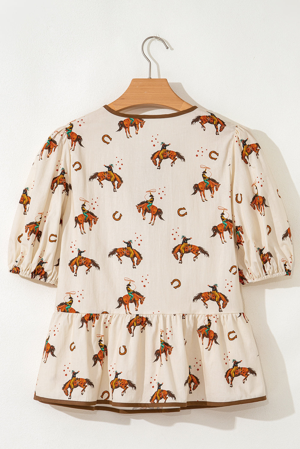 Western Cowboy Bow Tie Puff Sleeve Peplum Blouse