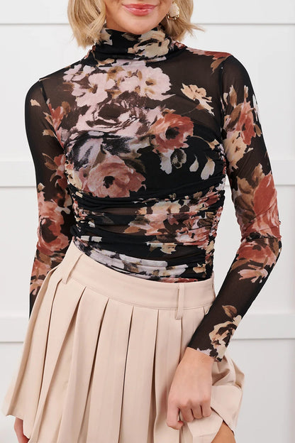Floral Mesh Long Sleeve High Neck Bodysuit