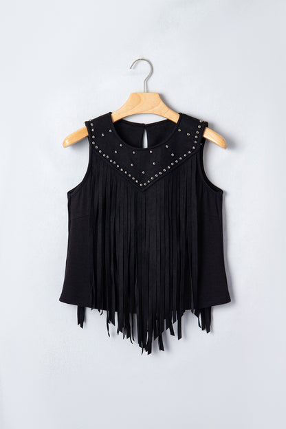 Western Fringe Rivet Panel Sleeveless Top