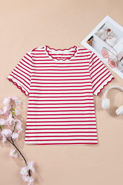 Stripe Scallop Trim Round Neck T-Shirt