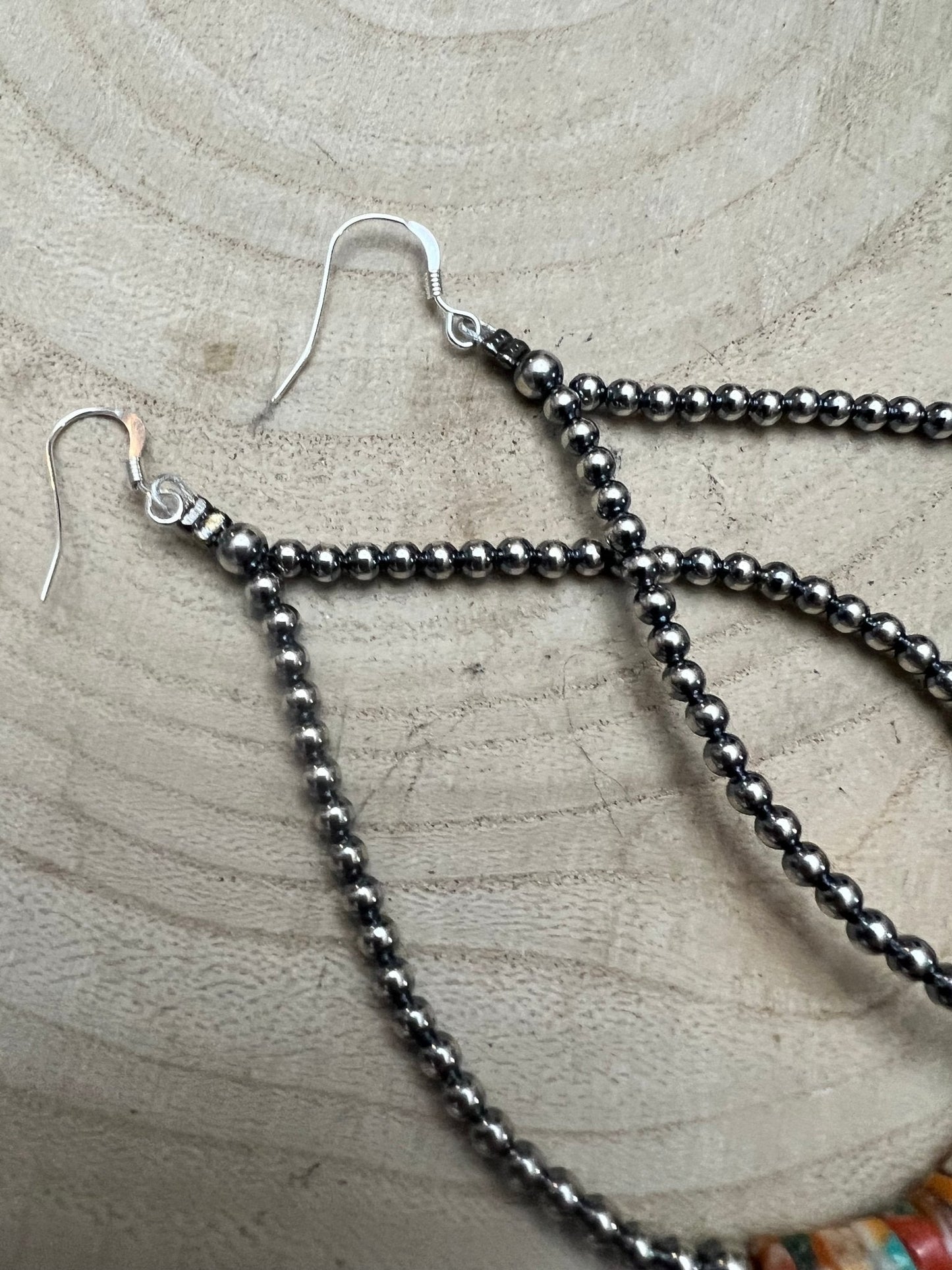 3mm Sterling Pearl Teardrop Earrings with Spiny Oyster & Turquoise — 4 inch drop (Made in USA)