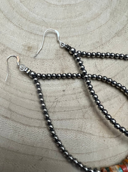 3mm Sterling Pearl Teardrop Earrings with Spiny Oyster & Turquoise — 4 inch drop (Made in USA)