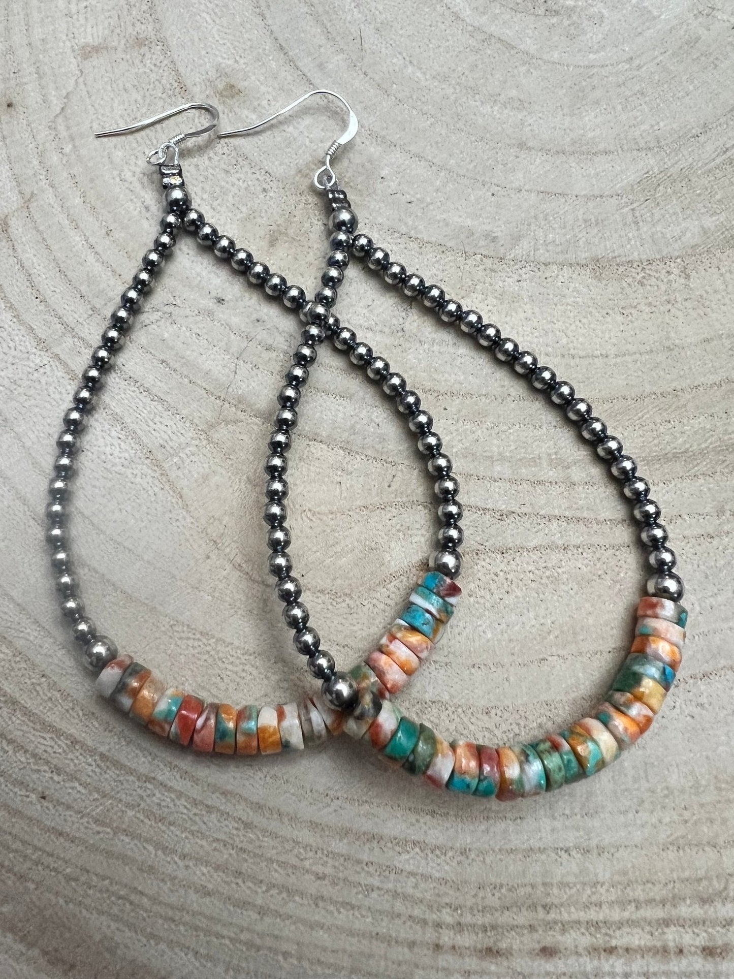 3mm Sterling Pearl Teardrop Earrings with Spiny Oyster & Turquoise — 4 inch drop (Made in USA)