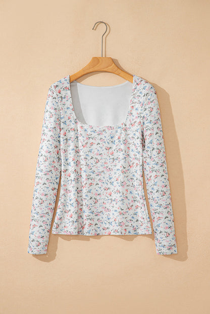 Floral Textured Square Neck Slim Fit Long Sleeve Top