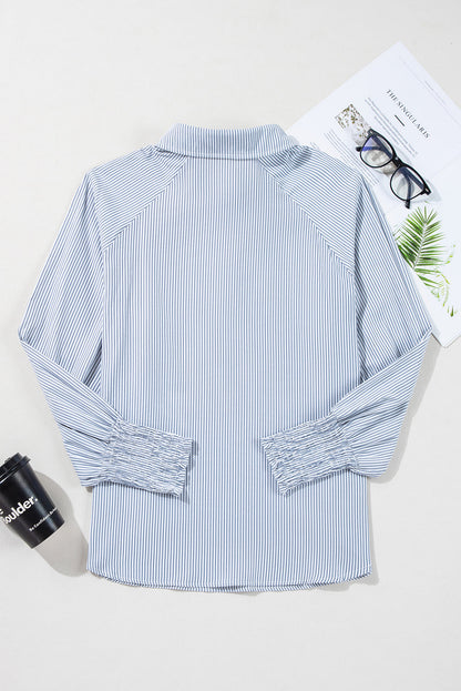 Stripe Buttoned Collar Smocked Long Sleeve Blouse