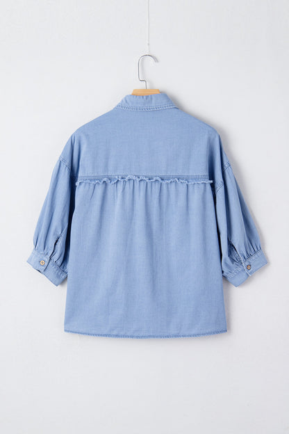 Denim Chambray Drop Shoulder 3/4 Sleeve Shirt