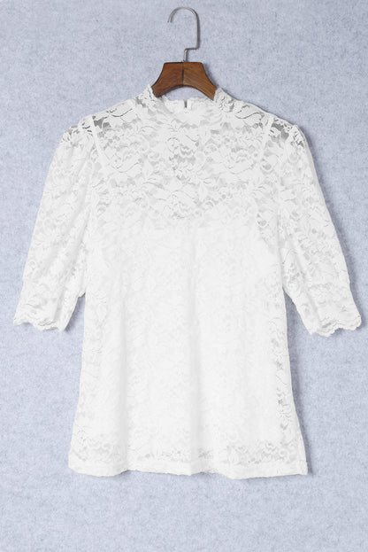 Floral Lace High Neck Puff Sleeve Blouse