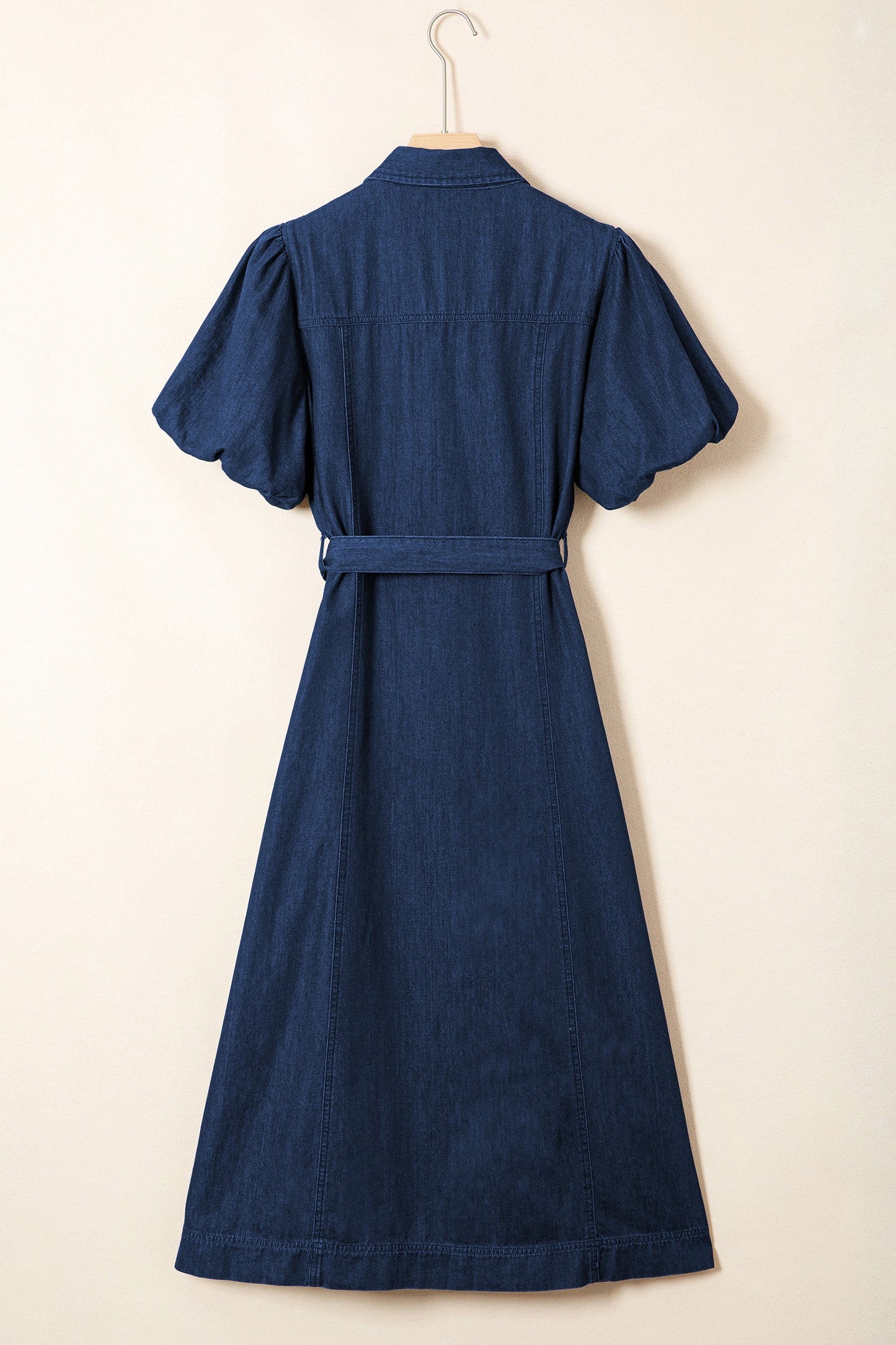 Solid Denim Collared Bubble Sleeve Buttoned Midi Dress