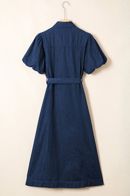 Solid Denim Collared Bubble Sleeve Buttoned Midi Dress