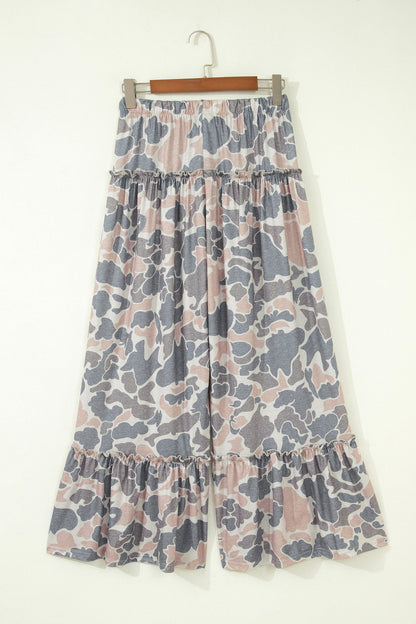 Abstract Leopard Ruffle Tiered Wide Leg Pants