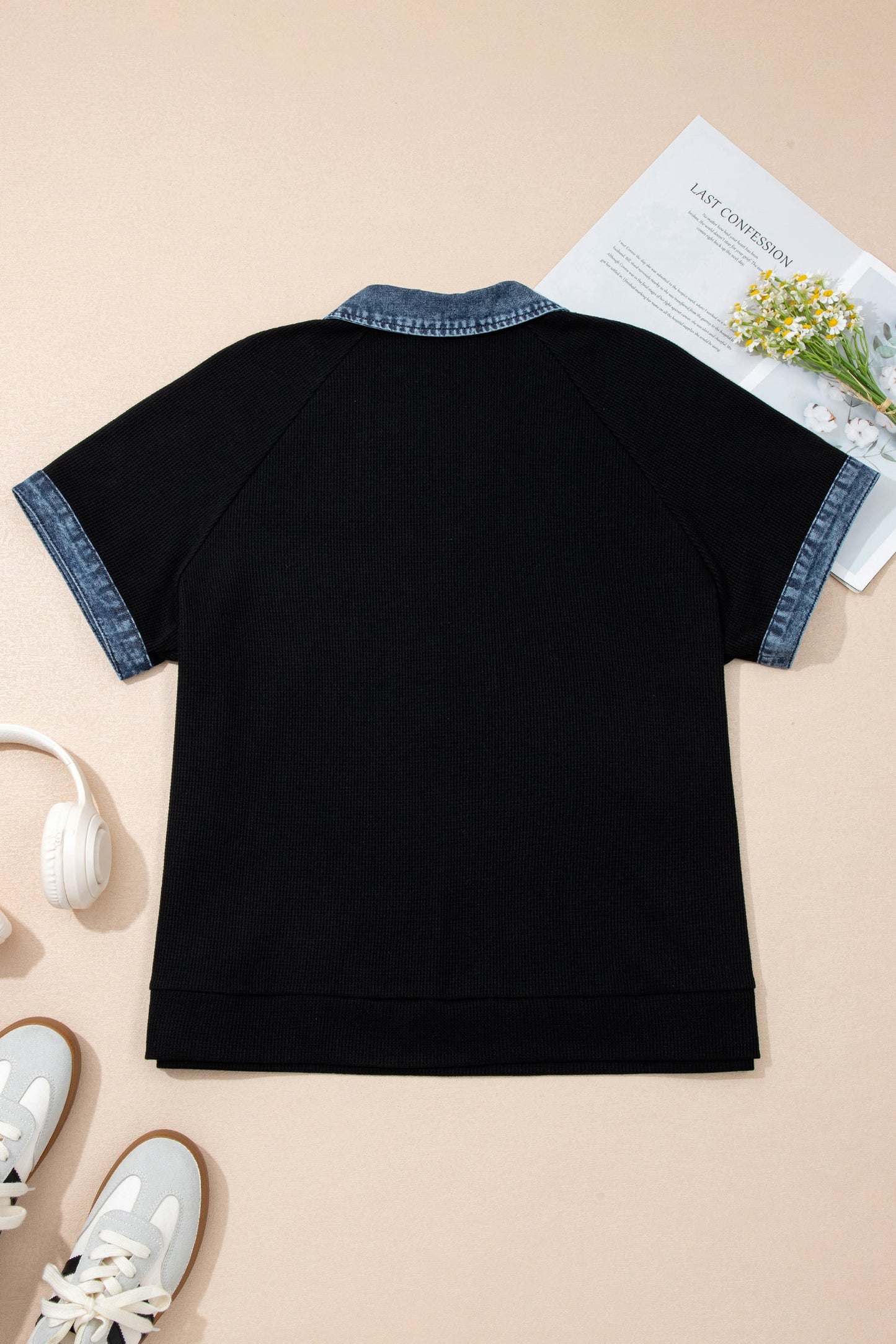 Plus Size Denim Patchwork Waffle Knit Polo Tee