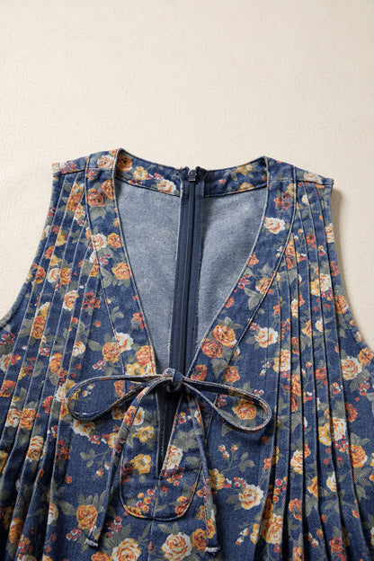 Floral Denim Bow Tie V-Neck Romper