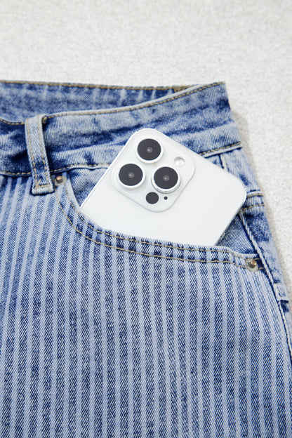 Stripe Denim Paisley Patchwork Raw Hem Shorts