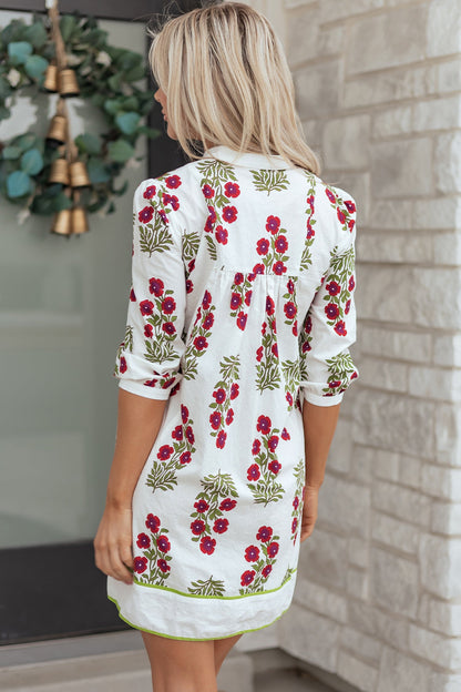 Floral Notched V-Neck 3/4 Sleeve Dress