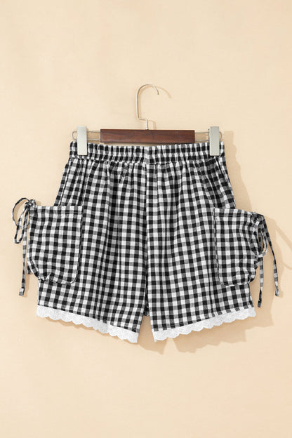Gingham Lace Trim Pouch Pocket Shorts