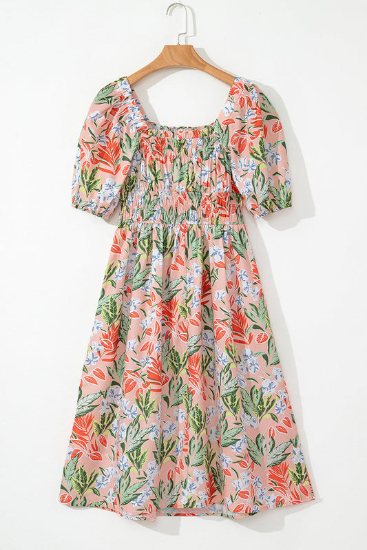 Floral Smocked Bust Bubble Sleeve Maxi Dress