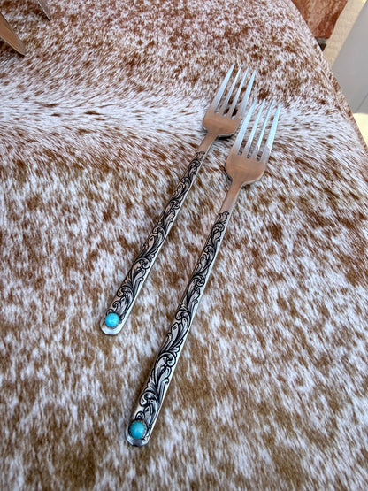 Wedding Cake Forks - Genuine Turquoise Engraved Fork Set | Ready to Ship