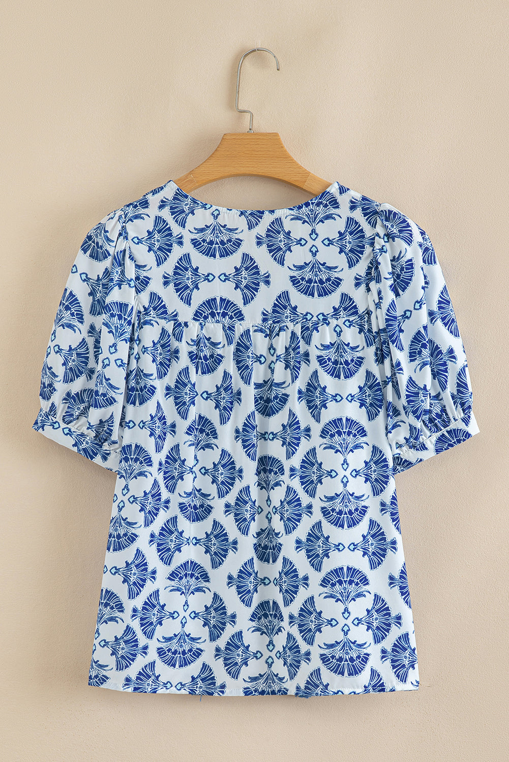Geometric Tassel Tie V-Neck Short Sleeve Blouse
