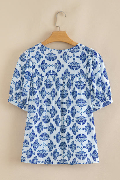 Geometric Tassel Tie V-Neck Short Sleeve Blouse