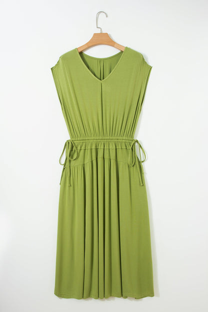 Solid V-Neck Cap Sleeve Elastic Waist Dress