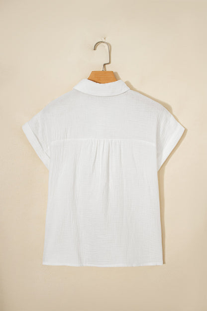Solid Crinkle Textured Lace Trim Buttoned Shirt