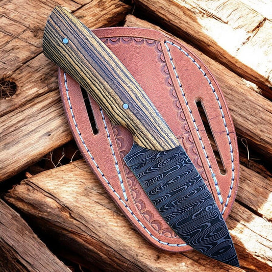 The Tuscan Ghost - Custom Handmade Damascus Steel Cowboy Hash Ranch Knife with Olivewood Handle & Leather Sheath