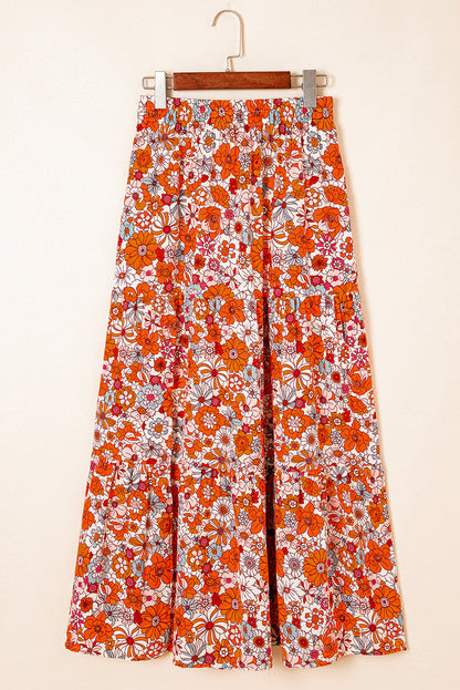 Boho Floral Tiered Maxi Skirt Split