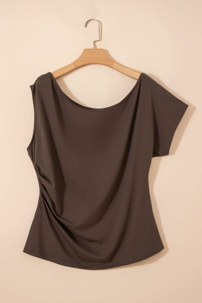 Plus Size Solid Asymmetric Neck Short Sleeve Blouse