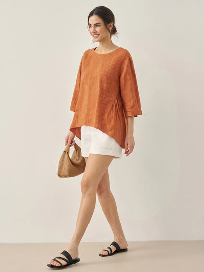 100% Linen Round Neck Artistic Stripe Top FLORENCE