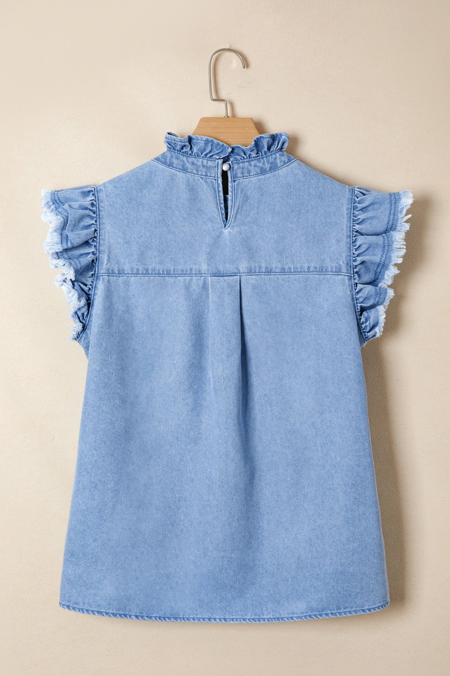 Denim Frilled Collar Flutter Sleeve Top