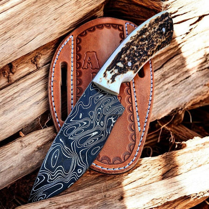 The Stag Frontier - Custom Handmade Damascus Steel Knife with Leather Sheath