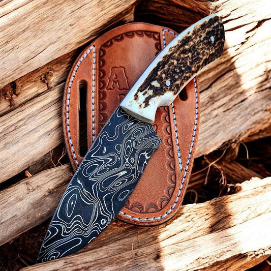 The Stag Frontier - Custom Handmade Damascus Steel Knife with Leather Sheath