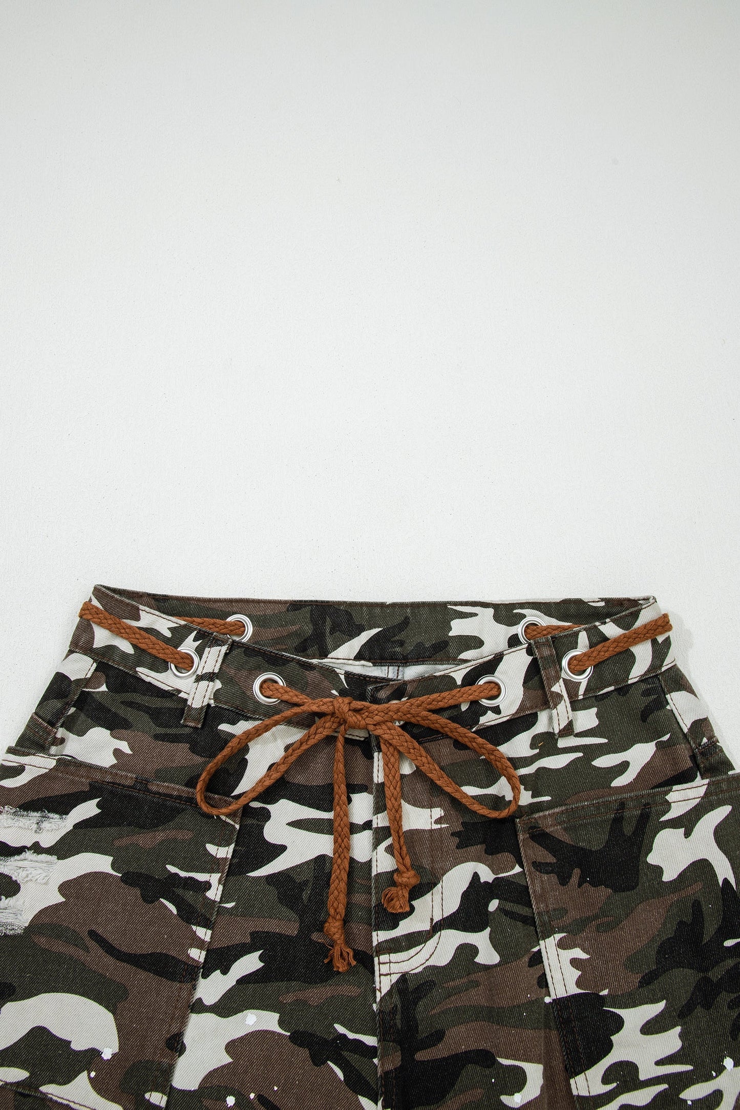 Camo Splatter Distressed Tie Waist Denim Pants