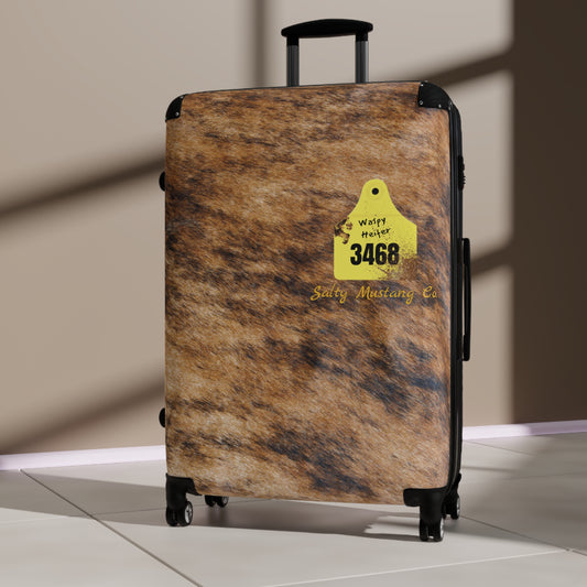 Ear Tag #3468 Waspy Heifer, Brindle Cow Print Suitcase